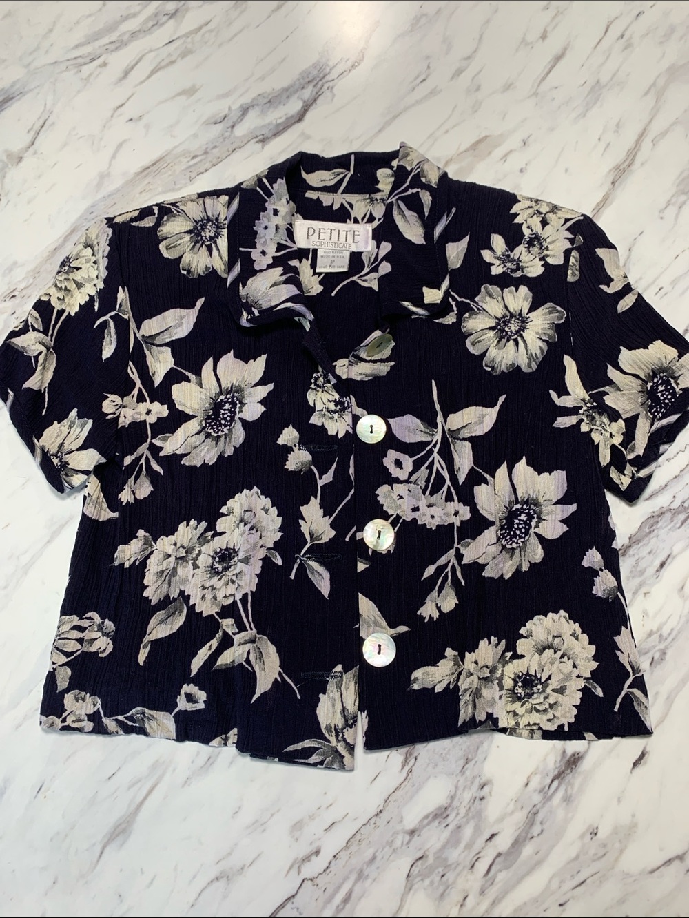 Petite Sophisticate Black Floral Button-Up Crop Top